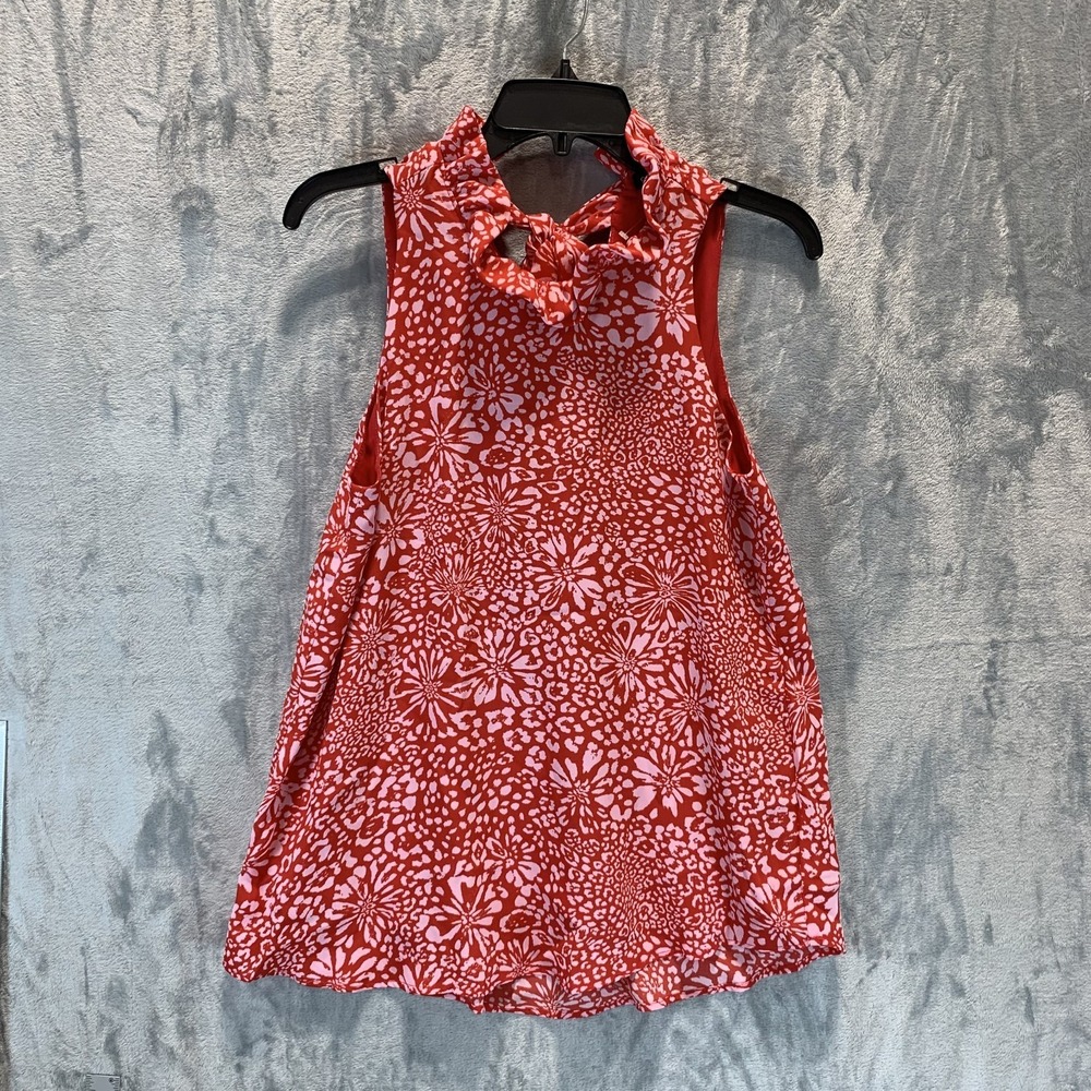 Gibson Women's Blouse Top S Red Pink Floral Tie Ruffle Sleeveless Tank Blouse